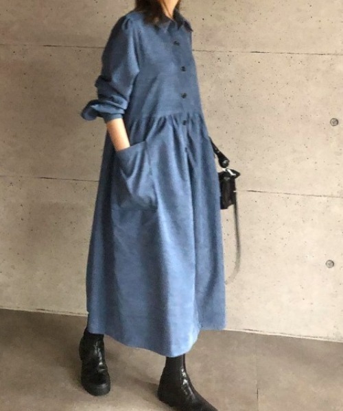 Diosfront（ディオスフロント）の「コーデュロイパフスリーブシャツワンピース（ワンピース・レディース・グリーン/ネイビー/キャメル/オレンジ/ブラック/ベージュ/ブルー・S/M/L）」の5枚目の写真