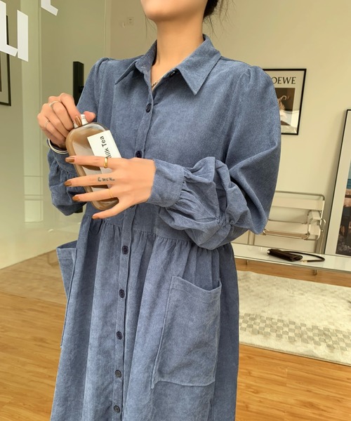 Diosfront（ディオスフロント）の「コーデュロイパフスリーブシャツワンピース（ワンピース・レディース・グリーン/ネイビー/キャメル/オレンジ/ブラック/ベージュ/ブルー・S/M/L）」の22枚目の写真