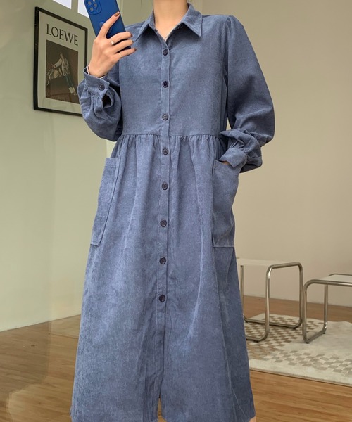 Diosfront（ディオスフロント）の「コーデュロイパフスリーブシャツワンピース（ワンピース・レディース・グリーン/ネイビー/キャメル/オレンジ/ブラック/ベージュ/ブルー・S/M/L）」の17枚目の写真