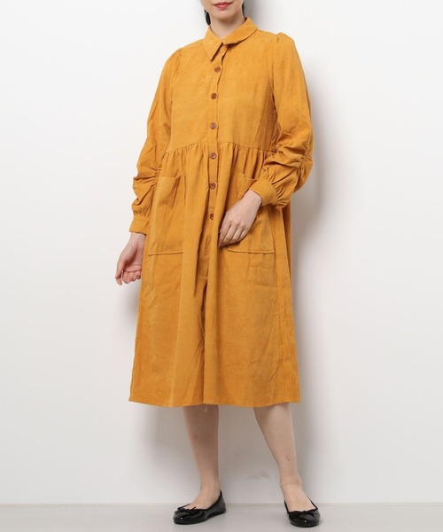 Diosfront（ディオスフロント）の「コーデュロイパフスリーブシャツワンピース（ワンピース・レディース・グリーン/ネイビー/キャメル/オレンジ/ブラック/ベージュ/ブルー・S/M/L）」の14枚目の写真