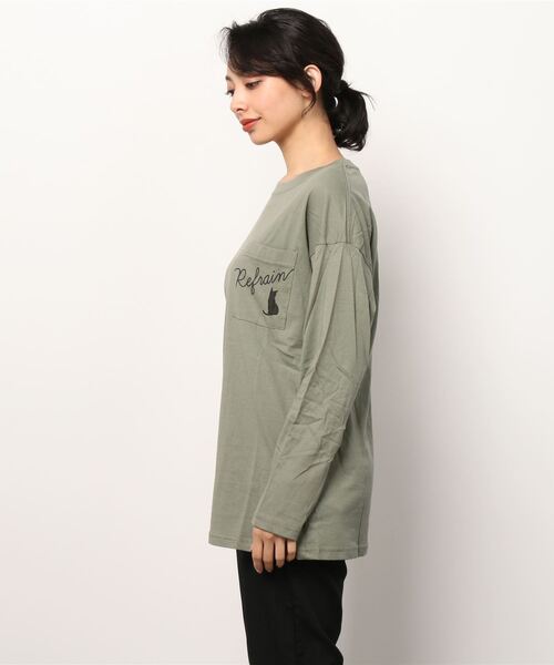 Mac-House(マックハウス)の「猫プリントロングスリーブTシャツ(Tシャツ/カットソー・レディース・カーキ/ホワイト/ブラック・L/M)」の5枚目の写真