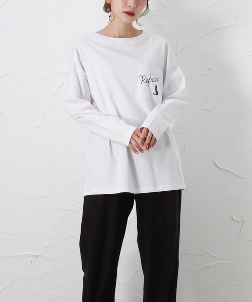 Mac-House(マックハウス)の「猫プリントロングスリーブTシャツ(Tシャツ/カットソー・レディース・カーキ/ホワイト/ブラック・L/M)」の2枚目の写真