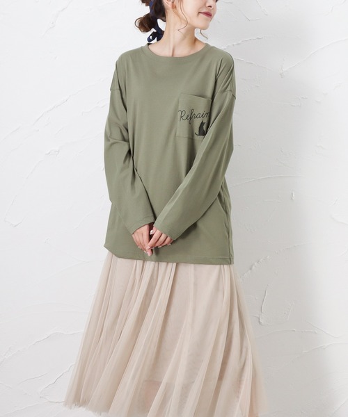 Mac-House(マックハウス)の「猫プリントロングスリーブTシャツ(Tシャツ/カットソー・レディース・カーキ/ホワイト/ブラック・L/M)」の3枚目の写真