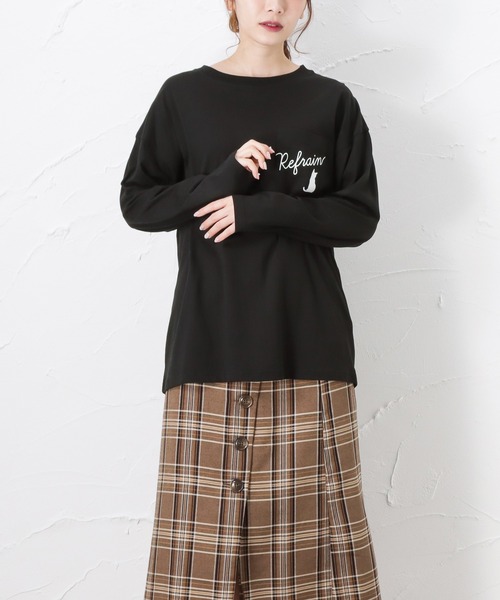 Mac-House(マックハウス)の「猫プリントロングスリーブTシャツ(Tシャツ/カットソー・レディース・カーキ/ホワイト/ブラック・L/M)」の1枚目の写真