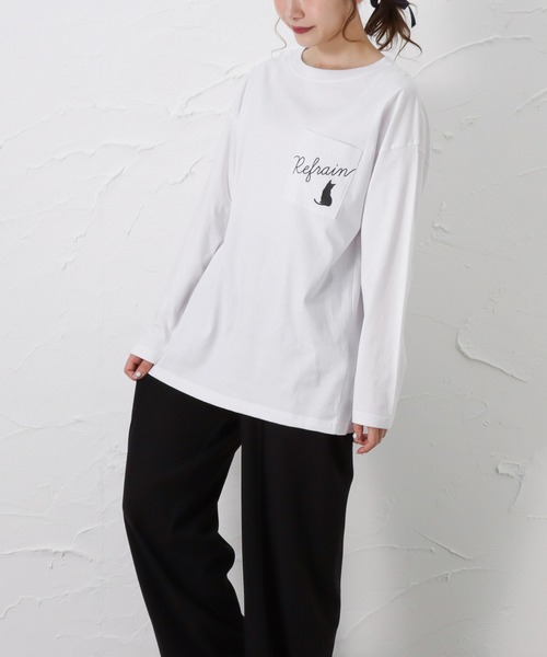 Mac-House(マックハウス)の「猫プリントロングスリーブTシャツ(Tシャツ/カットソー・レディース・カーキ/ホワイト/ブラック・L/M)」の6枚目の写真