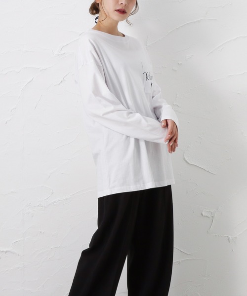 Mac-House(マックハウス)の「猫プリントロングスリーブTシャツ(Tシャツ/カットソー・レディース・カーキ/ホワイト/ブラック・L/M)」の7枚目の写真