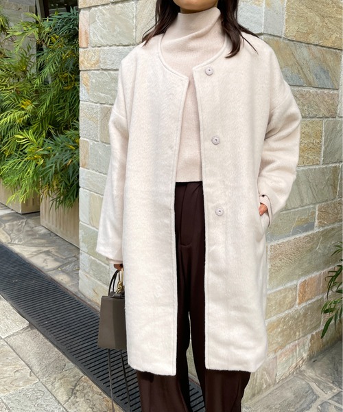 Meli rich(メリーリッチ)の「シャギーノーカラーコート(ノーカラーコート・レディース・アイボリー/ベビーピンク・MEDIUM)」の1枚目の写真