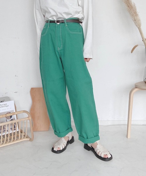 AS KNOW AS plus（アズノゥアズプラス）の「●ベルト付ゆるりカーブパンツ（その他パンツ・レディース・ピンク/インディゴブルー/グリーン/アイボリー/ライトカーキ/チェック/グレイッシュブルー/ブラック系/ブラック/オフホワイト/サックスブルー/グリーン系/ピンク系/ケミカルウォッシュ/ナチュラル/ピーコックグリーン系/ブラック系1/オレンジ/ライトイエロー・FREE）」の10枚目の写真