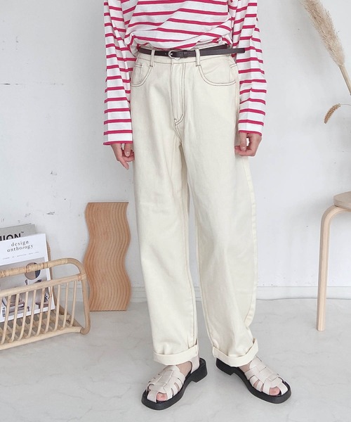 AS KNOW AS plus（アズノゥアズプラス）の「●ベルト付ゆるりカーブパンツ（その他パンツ・レディース・ピンク/インディゴブルー/グリーン/アイボリー/ライトカーキ/チェック/グレイッシュブルー/ブラック系/ブラック/オフホワイト/サックスブルー/グリーン系/ピンク系/ケミカルウォッシュ/ナチュラル/ピーコックグリーン系/ブラック系1/オレンジ/ライトイエロー・FREE）」の2枚目の写真