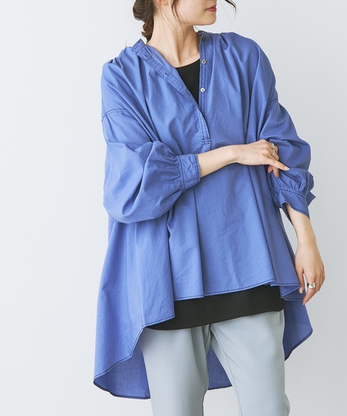 PUAL CE CIN（ピュアルセシン）の「綿テンセル配色ステッチチュニックブラウス（シャツ/ブラウス・レディース・ホワイト/ブラック/ライラック・FREE）」の3枚目の写真