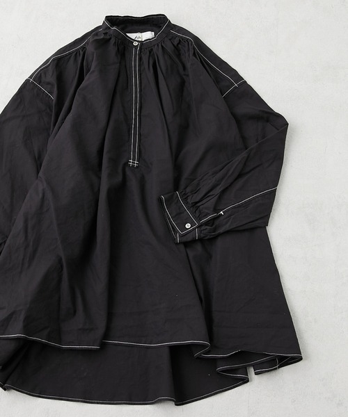 PUAL CE CIN（ピュアルセシン）の「綿テンセル配色ステッチチュニックブラウス（シャツ/ブラウス・レディース・ホワイト/ブラック/ライラック・FREE）」の2枚目の写真