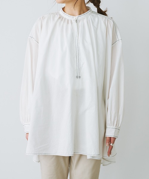 PUAL CE CIN（ピュアルセシン）の「綿テンセル配色ステッチチュニックブラウス（シャツ/ブラウス・レディース・ホワイト/ブラック/ライラック・FREE）」の14枚目の写真