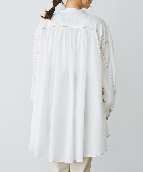 PUAL CE CIN（ピュアルセシン）の「綿テンセル配色ステッチチュニックブラウス（シャツ/ブラウス・レディース・ホワイト/ブラック/ライラック・FREE）」の6枚目の写真