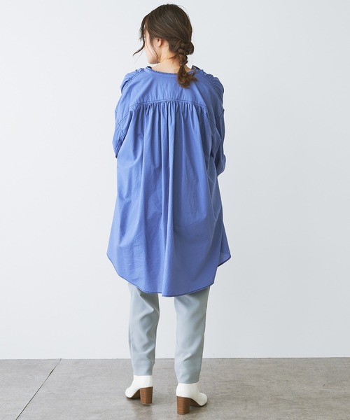 PUAL CE CIN（ピュアルセシン）の「綿テンセル配色ステッチチュニックブラウス（シャツ/ブラウス・レディース・ホワイト/ブラック/ライラック・FREE）」の8枚目の写真