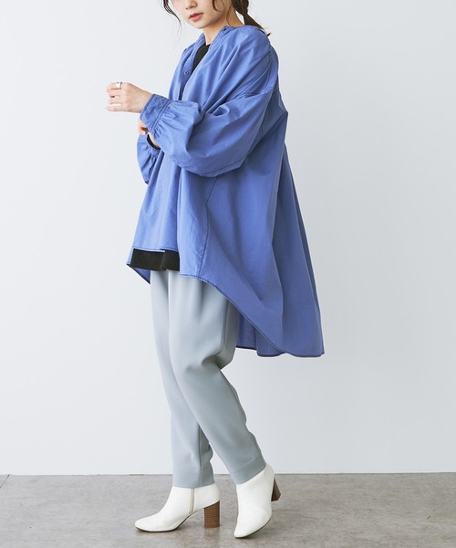 PUAL CE CIN（ピュアルセシン）の「綿テンセル配色ステッチチュニックブラウス（シャツ/ブラウス・レディース・ホワイト/ブラック/ライラック・FREE）」の5枚目の写真