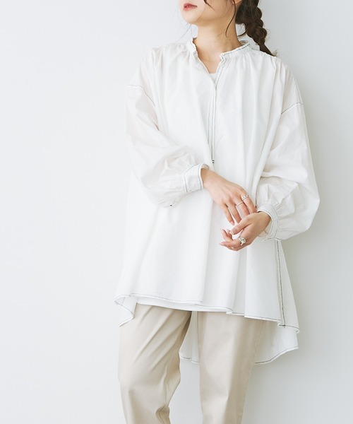 PUAL CE CIN（ピュアルセシン）の「綿テンセル配色ステッチチュニックブラウス（シャツ/ブラウス・レディース・ホワイト/ブラック/ライラック・FREE）」の19枚目の写真