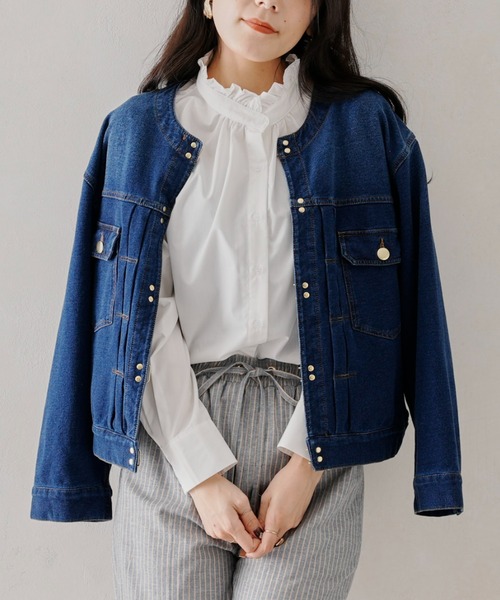 Chez toi(シェトワ)の「フロントデザインゴールドフックノーカラーGジャン(デニムジャケット・レディース・インディゴブルー/ブルー/アイボリー・FREE)」の3枚目の写真