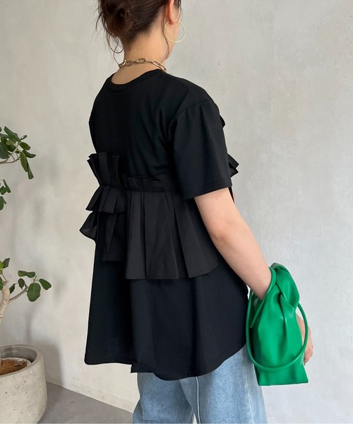 prose verse（プロズヴェール）の「フリルギャザーTシャツ（Tシャツ/カットソー・レディース・ブラック/オフホワイト・MEDIUM）」の3枚目の写真