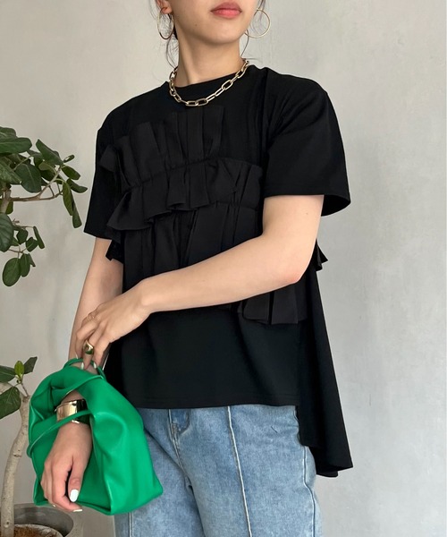 prose verse（プロズヴェール）の「フリルギャザーTシャツ（Tシャツ/カットソー・レディース・ブラック/オフホワイト・MEDIUM）」の7枚目の写真