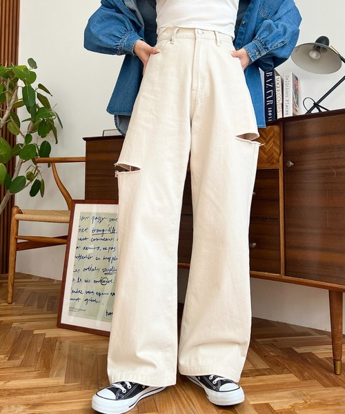 TMTのダメージ加工パンツサイズL美品 TMT ティーエムティー ダメージ加工 デニム パンツ ボタンフライ
