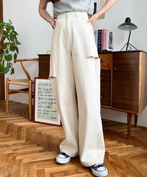 TMTのダメージ加工パンツサイズL美品 TMT ティーエムティー ダメージ加工 デニム パンツ ボタンフライ