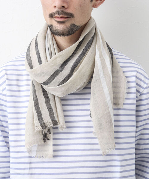 NOLLEY'S goodman(ノーリーズグッドマン)の「リネンコットンラインストール(ストール/ショール・メンズ・ライトグレー/ベージュ・FREE)」の1枚目の写真