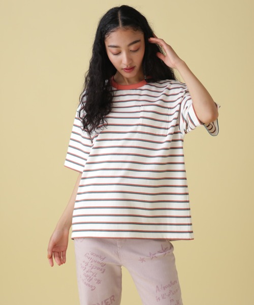 AVIREX（アヴィレックス）の「BACK PRINT BORDER TOPS/ バックプリントボーダートップス（Tシャツ/カットソー・レディース・ベージュ/イエロー/ピンク・FREE）」の5枚目の写真