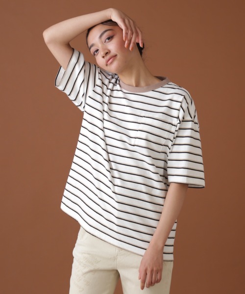 AVIREX（アヴィレックス）の「BACK PRINT BORDER TOPS/ バックプリントボーダートップス（Tシャツ/カットソー・レディース・ベージュ/イエロー/ピンク・FREE）」の21枚目の写真