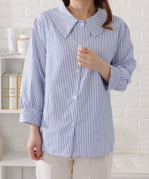 セール】ストライプ柄ビッグカラーブラウス（シャツ/ブラウス）｜Lace