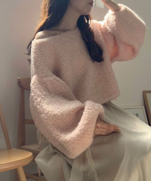 MAJESTIC LEGON(マジェスティックレゴン)の「ブークレショートニット(ニット/セーター・レディース・ピンク/アイボリー/チャコールグレー・MEDIUM)」の14枚目の写真