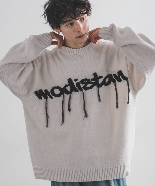 RAGEBLUE（レイジブルー）の「タギンググラフィックデザイン/クルーネックルーズニット（ニット/セーター・メンズ・ホワイト/ブラック・MEDIUM/LARGE）」の2枚目の写真