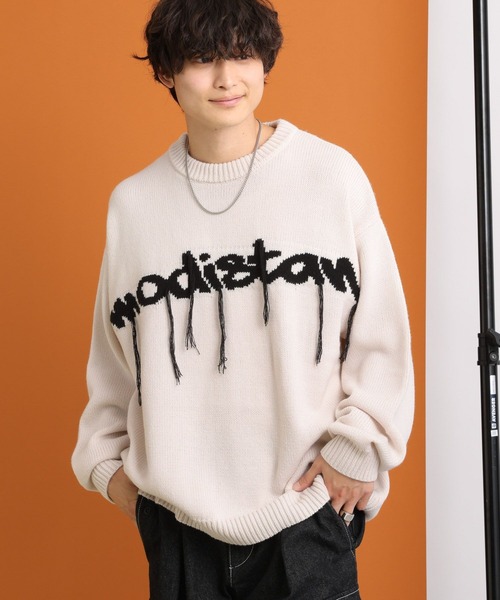 RAGEBLUE（レイジブルー）の「タギンググラフィックデザイン/クルーネックルーズニット（ニット/セーター・メンズ・ホワイト/ブラック・MEDIUM/LARGE）」の11枚目の写真