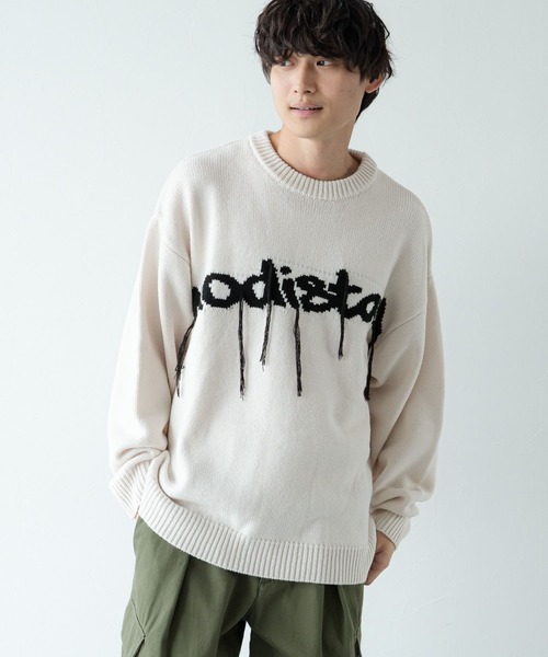 RAGEBLUE（レイジブルー）の「タギンググラフィックデザイン/クルーネックルーズニット（ニット/セーター・メンズ・ホワイト/ブラック・MEDIUM/LARGE）」の3枚目の写真