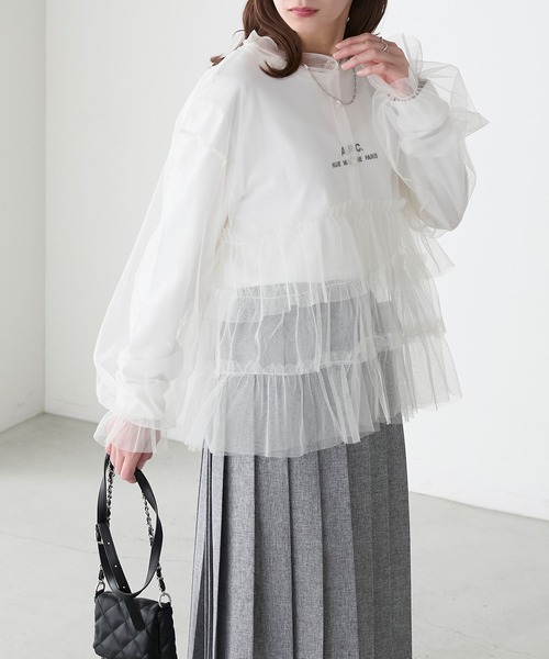 BONLECILL(ボンルシール)の「チュールラッフルフリルバンドカラーブラウス(シャツ/ブラウス・レディース・アイボリー/ブラック系1/ピンク/グレー/ブラック・FREE)」の11枚目の写真
