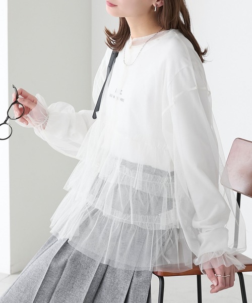 BONLECILL(ボンルシール)の「チュールラッフルフリルバンドカラーブラウス(シャツ/ブラウス・レディース・アイボリー/ブラック系1/ピンク/グレー/ブラック・FREE)」の16枚目の写真