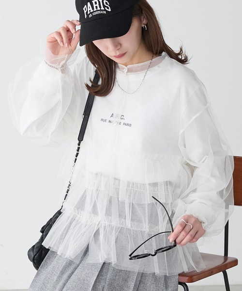 BONLECILL(ボンルシール)の「チュールラッフルフリルバンドカラーブラウス(シャツ/ブラウス・レディース・アイボリー/ブラック系1/ピンク/グレー/ブラック・FREE)」の19枚目の写真
