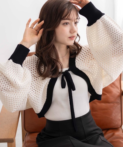 WEGO（ウィゴー）の「WEGO/メッシュリボンボレロ（カーディガン/ボレロ・レディース・ブラック系その他5/ホワイト/ブラック/グリーン・FREE）」の16枚目の写真