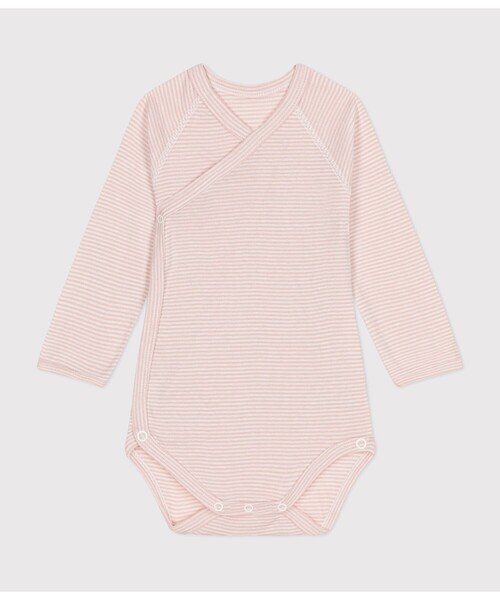 PETIT BATEAU(プチバトー)の「長袖あわせボディ(肌着・キッズ・ホワイト×グリーン/ホワイト×ピンク・6MONTH/3MONTH/12MONTH)」の1枚目の写真