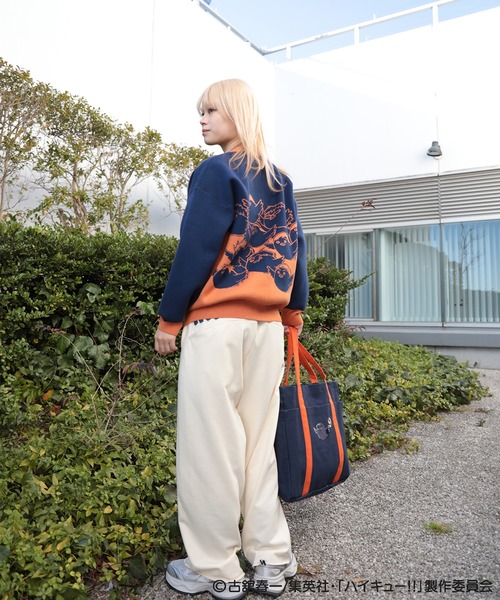 ニット　総柄　サイケデリック　くすみ感　オレンジ　ネイビー　ホワイト　おしゃれ HOOK（フック）の「ハイキュー!! ×HOOK 総柄ニット（ニット/セーター