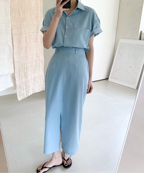 Twinkle;pm（トゥインクルピーエム）の「デニムライクセットアップシャツワンピース（ワンピース・レディース・ネイビー/サックスブルー・FREE）」の14枚目の写真