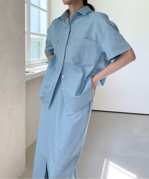 Twinkle;pm（トゥインクルピーエム）の「デニムライクセットアップシャツワンピース（ワンピース・レディース・ネイビー/サックスブルー・FREE）」の13枚目の写真