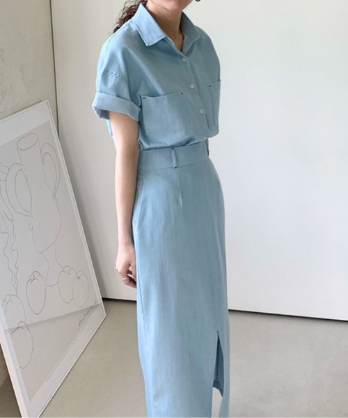 Twinkle;pm（トゥインクルピーエム）の「デニムライクセットアップシャツワンピース（ワンピース・レディース・ネイビー/サックスブルー・FREE）」の7枚目の写真