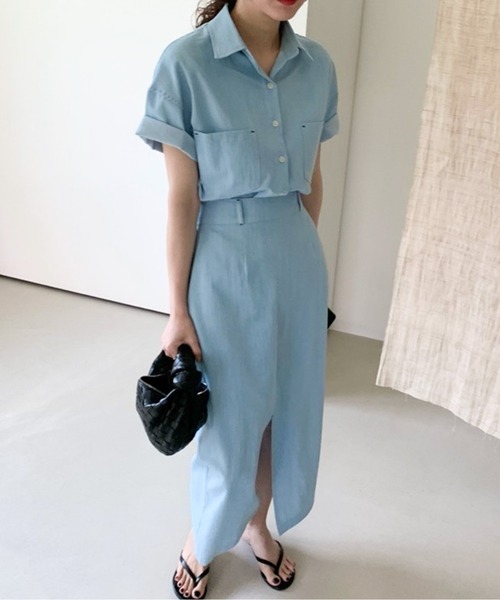 Twinkle;pm（トゥインクルピーエム）の「デニムライクセットアップシャツワンピース（ワンピース・レディース・ネイビー/サックスブルー・FREE）」の6枚目の写真