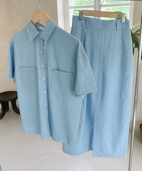 Twinkle;pm（トゥインクルピーエム）の「デニムライクセットアップシャツワンピース（ワンピース・レディース・ネイビー/サックスブルー・FREE）」の3枚目の写真