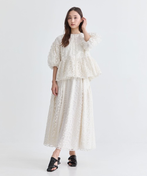 ツルバイマリコオイカワ】フラワーレースタックフレアロングスカート