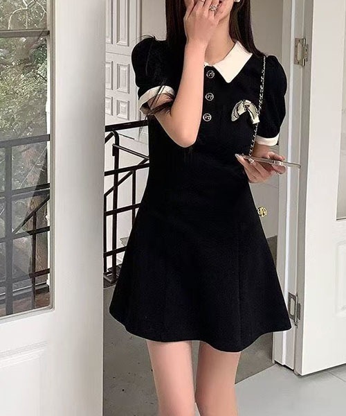 gossip！ロサンゼルス（ゴシップロサンゼルス）の「パイピング襟リボンモチーフ半袖ワンピース レディース A ラインミニ丈（ワンピース・レディース・ブラック・S/M）」の20枚目の写真