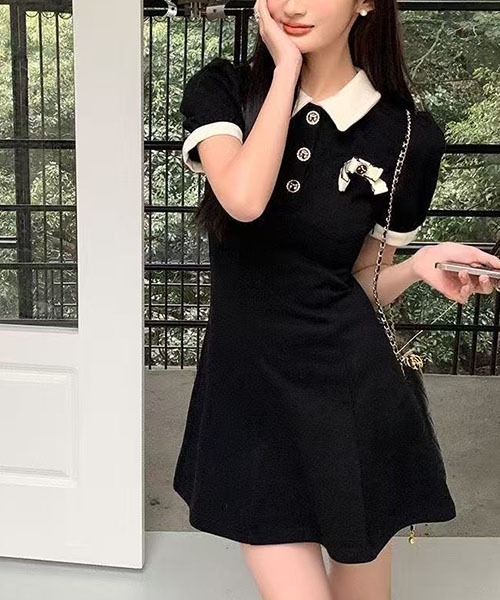 gossip！ロサンゼルス（ゴシップロサンゼルス）の「パイピング襟リボンモチーフ半袖ワンピース レディース A ラインミニ丈（ワンピース・レディース・ブラック・S/M）」の22枚目の写真