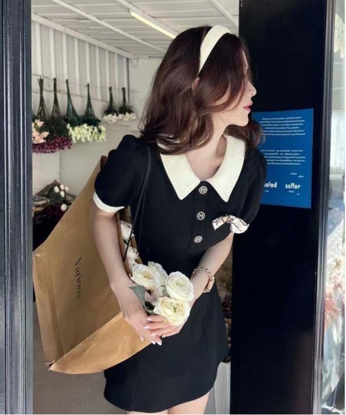 gossip！ロサンゼルス（ゴシップロサンゼルス）の「パイピング襟リボンモチーフ半袖ワンピース レディース A ラインミニ丈（ワンピース・レディース・ブラック・S/M）」の7枚目の写真