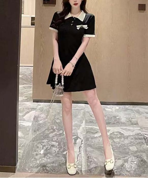 gossip！ロサンゼルス（ゴシップロサンゼルス）の「パイピング襟リボンモチーフ半袖ワンピース レディース A ラインミニ丈（ワンピース・レディース・ブラック・S/M）」の12枚目の写真