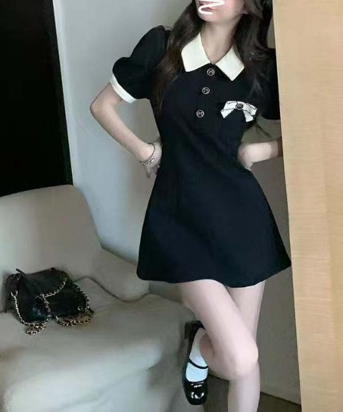 gossip！ロサンゼルス（ゴシップロサンゼルス）の「パイピング襟リボンモチーフ半袖ワンピース レディース A ラインミニ丈（ワンピース・レディース・ブラック・S/M）」の15枚目の写真